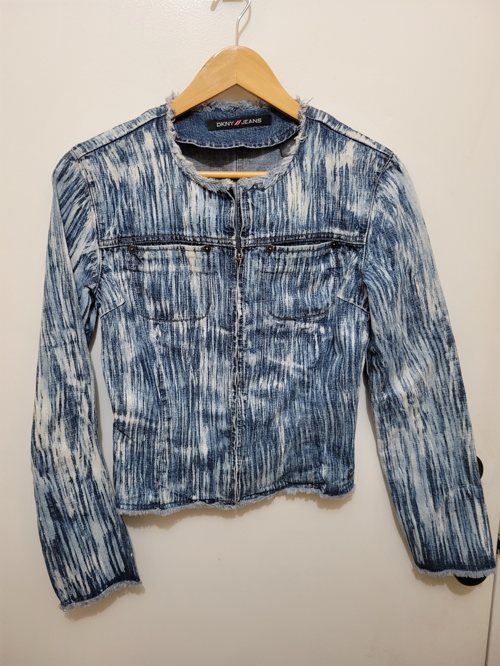DKNY Blue and White Acid-Wash Jean Jacket